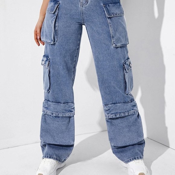 Blue Casual Womens High Waisted Flap Pocket Cargo Jeans - Picture 4 of 5